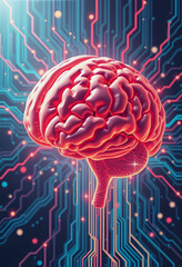 three-dimensional vector cyber brain. neural network mega-data processing, template interface design, retro style, with white tones