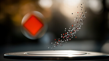 Abstract representation of digital data fragmentation in a modern urban setting with vibrant colors and dynamic motion