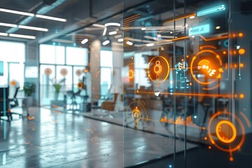 Modern office with futuristic interface overlay on glass wall.
