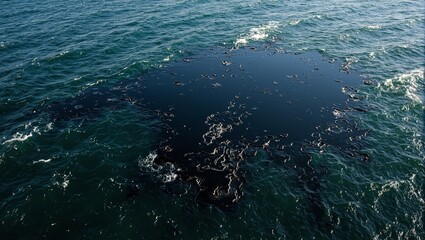 Obraz premium Aerial view of ocean oil spill with thick black layer and visible ripples