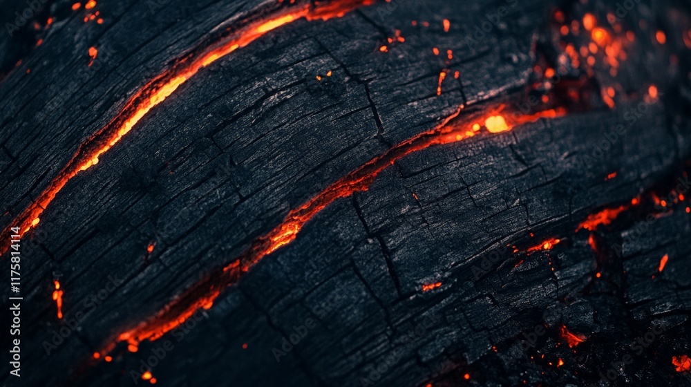 Poster Smoldering embers glowing with fiery intensity reveal the intricate textures of charred wood, creating a mesmerizing interplay of light and shadow against a dark backdrop