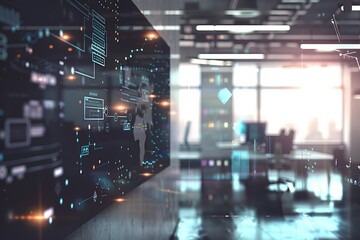 Interactive data visualization on a large screen in a modern office.