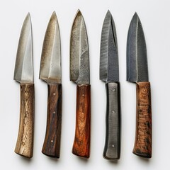 Five handcrafted knives with unique wooden handles and distinct blade styles.