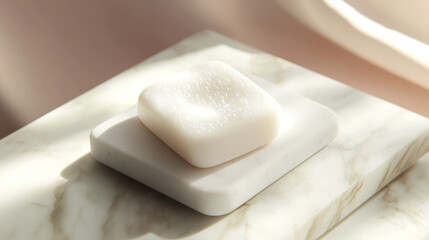 A white soap bar rests on a smooth marble surface with fine veins. Tiny bubbles glisten on one corner. Soft pastel background and diffused lighting create a serene, elegant, and pure atmosphere.