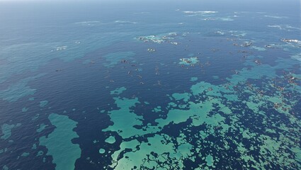 Aerial view of extensive ocean oil spill with dark streaks and patches polluting the water