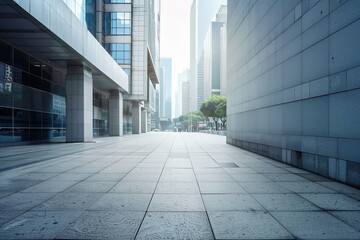 Modern city street, empty plaza between buildings.