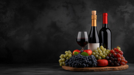 Red Wine and Grapes:  A rustic, still life composition featuring two bottles of red wine, a glass of red wine, and a variety of grapes, apples, and a wooden board on a dark background.   