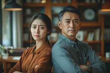 Family problem concept, Asian wife and husband sitting back to back in the living room at home have problems in a relationship and have an argument Generative AI