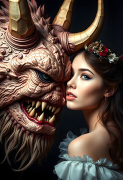 Fine art photo of beauty and beast. Beautiful girl and a monster, fairy tale, concept, studio photography, with white tones