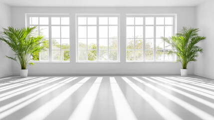 Fototapeta premium Sunlight Streaks Through Modern Windows: Minimalist interior design meets natural light in this image. The bright space is a clean canvas for creativity.