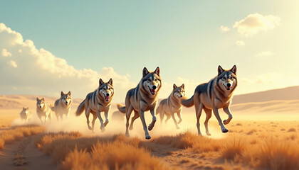 Fototapeta premium Dynamic pack of wolves running through open field at sunset, freedom