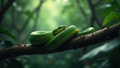 Green tree python resting on branch in lush rainforest, serene nature