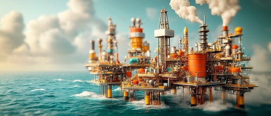 Obraz premium Captivating aerial view of a sprawling offshore oil and gas extraction facility its labyrinth of towers platforms and walkways punctuating the endless expanse of the open sea captured in a cinematic