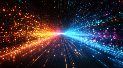 Naklejka premium Ultra futuristic tech abstract background with a colorful hyperspace glow blending bright gold, silver, and white tones, representing the vastness of innovation and chaos within technology