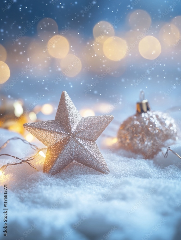 Wall mural soft, blurred background of white snow with bokeh lights and sparkling stars, creating an enchanting
