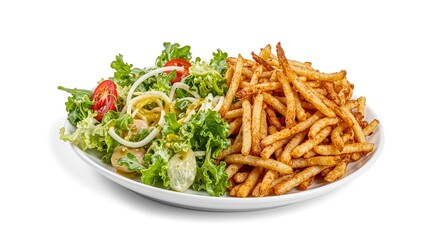Fresh salad and crispy fries split in half on a white background