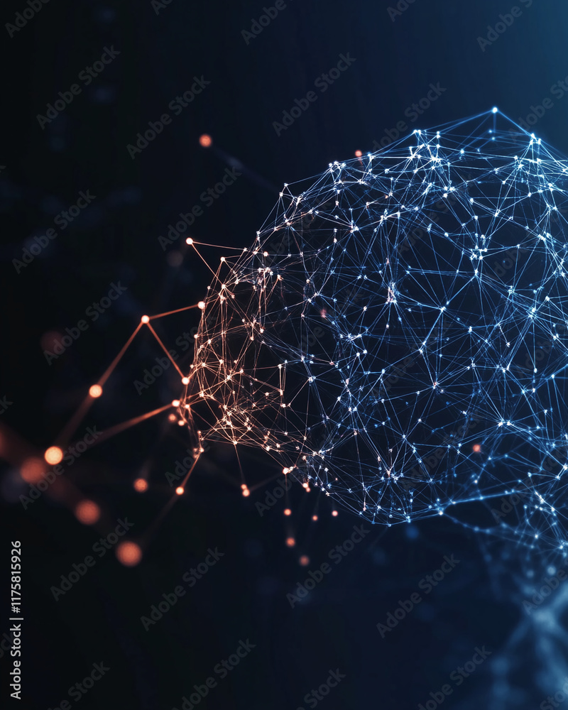 Poster abstract digital network structure with glowing nodes in blue and orange tones