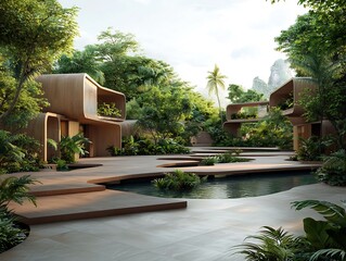 Fototapeta premium Harmonious Outdoor Oasis with Geometric Pavilions and Lush Tropical Foliage An impressionistic rendering of an expansive public space featuring interlocking pavilions winding pathways