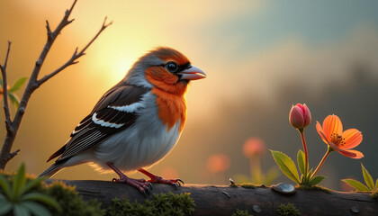 Obraz premium A Stunning Sunrise Bird and Flower Moment