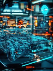 Naklejka premium EV electric vehicle technology industry concept, futuristic virtual graphic touch user interface on screen with auto repair garage blurred on.