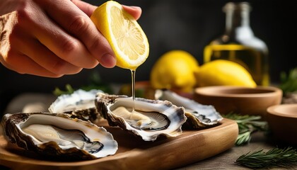 Freshly opened oysters being served with a drizzle of lemon juice