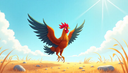 Obraz premium Pet Day. Vibrant rooster flapping wings in sunny open field, freedom and vitality