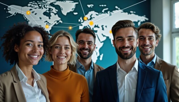 Happy diverse business team stands together. International colleagues look friendly, confident. Teamwork, global collaboration concepts visible. Professional business attire. Global connectivity