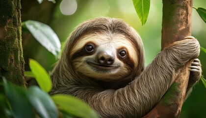 Fototapeta premium A cute sloth clinging to a tree in a lush green jungle with vibrant foliage