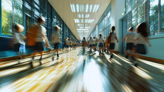 Floor eye view of a school corridor, full of blurred children - Powered by Adobe