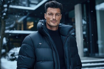 Naklejka premium A stylish young man confidently models a sleek winter outfit in a snow-covered city landscape, embodying modern winter fashion and youthful elegance