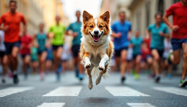 Happy dog leaps joyfully among runners in city race. Runners blurred in motion around. Event shows excitement, energy. Dog lively, active. Urban setting adds vibrant atmosphere. Dog, people