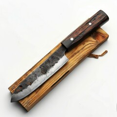Hand-forged Japanese kitchen knife with a dark wood handle, resting on a wooden stand.