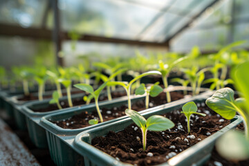 Growing green in modern greenhouse in spring. Seedling plants grows in plastic pots. Close up view of sprouts. Cultivation plants in hothouse. Season working in vegetable garden