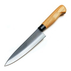 A sharp Japanese chef's knife with a wooden handle, isolated on white.