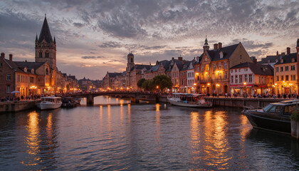 Picturesque riverside town at sunset with illuminated buildings