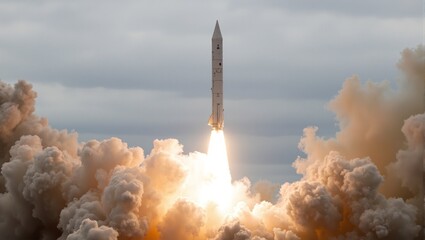 Spectacular missile launch with glowing exhaust against overcast sky