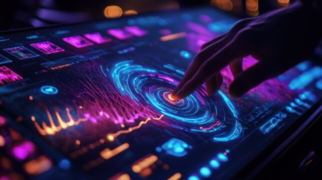 Futuristic Touchscreen Interface with Colorful Data Visualization and User Interaction Features for Modern Technology and Innovation Concepts - Powered by Adobe