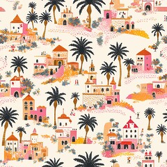 Moroccan city seamless pattern with palm trees, people, and pastel tones in Matisse-inspired style.
