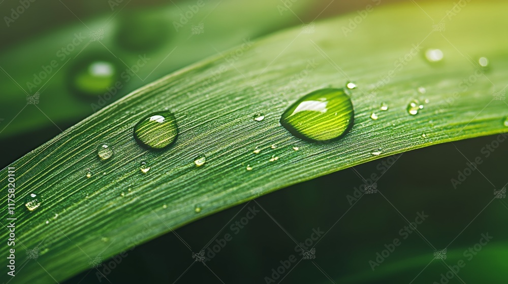 Aufkleber sparkling water droplets resting on a vibrant green leaf highlight nature's beauty and the refreshin