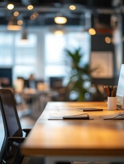 Beautiful inconspicuous office interior room. Blurry workspace with unfocused effect