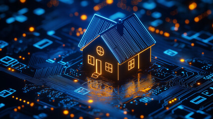 Digital house model with illuminated windows on a circuit board background