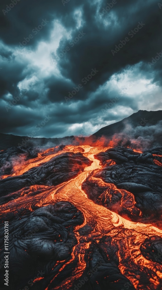Poster molten lava cascading down the slopes of a volcano, surrounded by ominously dark clouds, creates a s