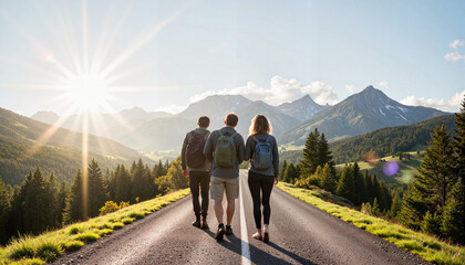 Fototapeta premium Three hikers enjoying nature on a mountain road