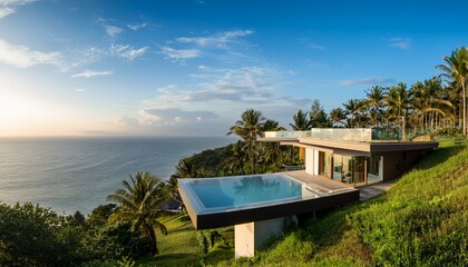 Fototapeta premium Modern Angular Luxury Tropical Villa Perched on a Lush Hillside: A Sunset Oasis with Panoramic Ocean Views, Verdant Palm Trees, and a Sparkling Swimming Pool