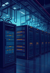 Internet Infrastructure: A vector illustration of a data center with servers and network switches, dramatic, with white tones