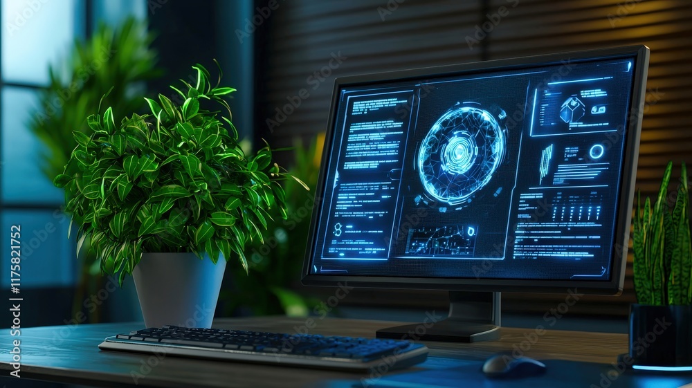 Poster a modern workspace featuring a sleek computer monitor displaying data analytics, complemented by pot