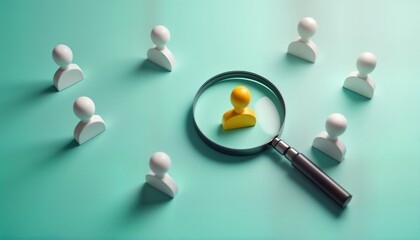 Magnifying glass focuses on single staff icon among many. Recruitment concept. Finding top talent. Human resources selection process. Targeted employee search. Pro development. Hiring strategy. Staff