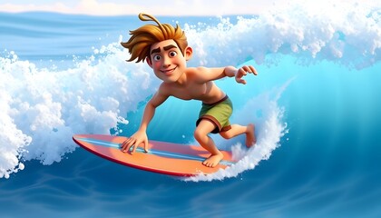 Animated Boy Surfing a Wave in Vibrant Ocean
