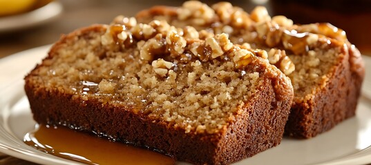  A close-up of a slice of banana bread, topped with crushed walnuts and a light drizzle of honey. 