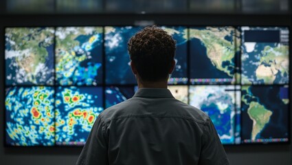 Curly haired man viewed from behind studying weather maps on multiple screens in a brightly lit room